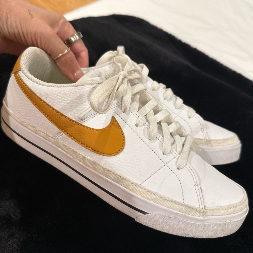 Nike Women’s White Leather Sneakers with Mustard Swoosh